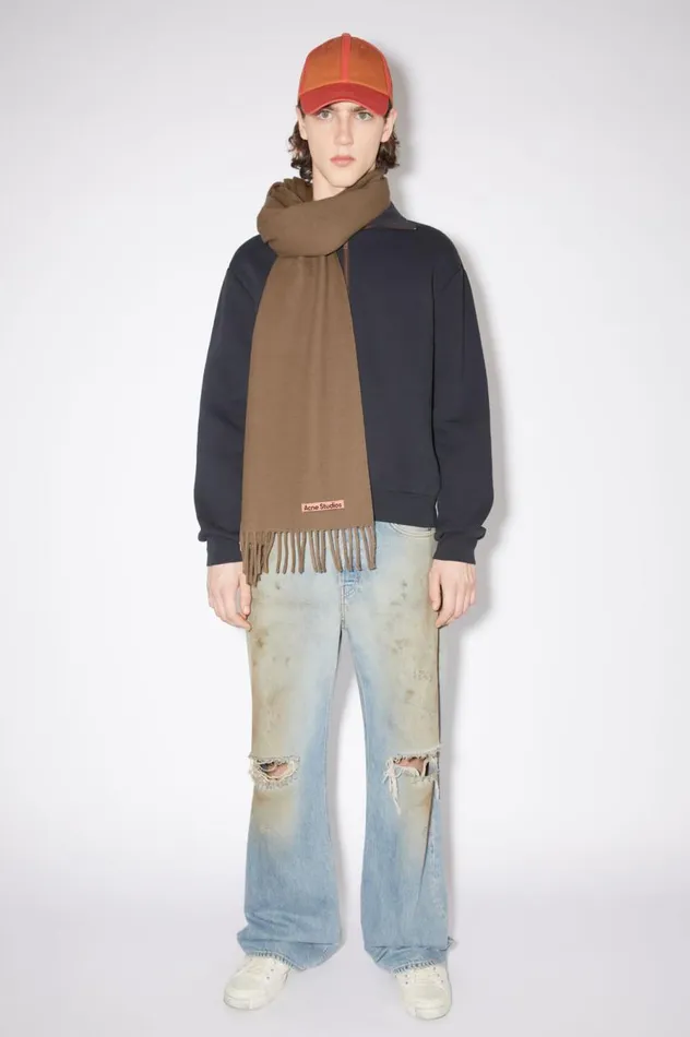 Acne Studios Fringe Wool Scarf Narrow Caramel Brown Women Scarves