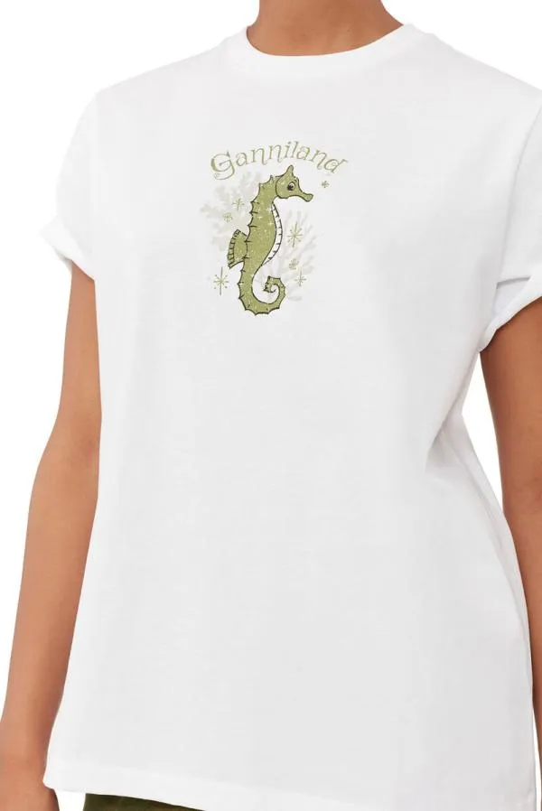 Clothing GANNI TShirts Relaxed Seahorse TShirt Bright White Clothing GANNI TShirts Relaxed Seahorse TShirt Bright White