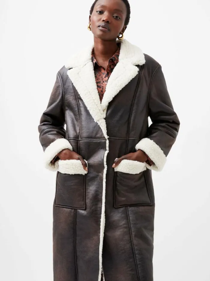 French Connection Arizona Faux Shearling Coat Chocolate Women Coats and Jackets