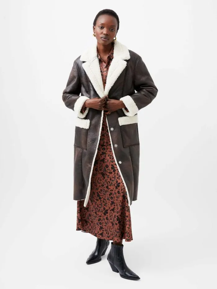 French Connection Arizona Faux Shearling Coat Chocolate Women Coats and Jackets
