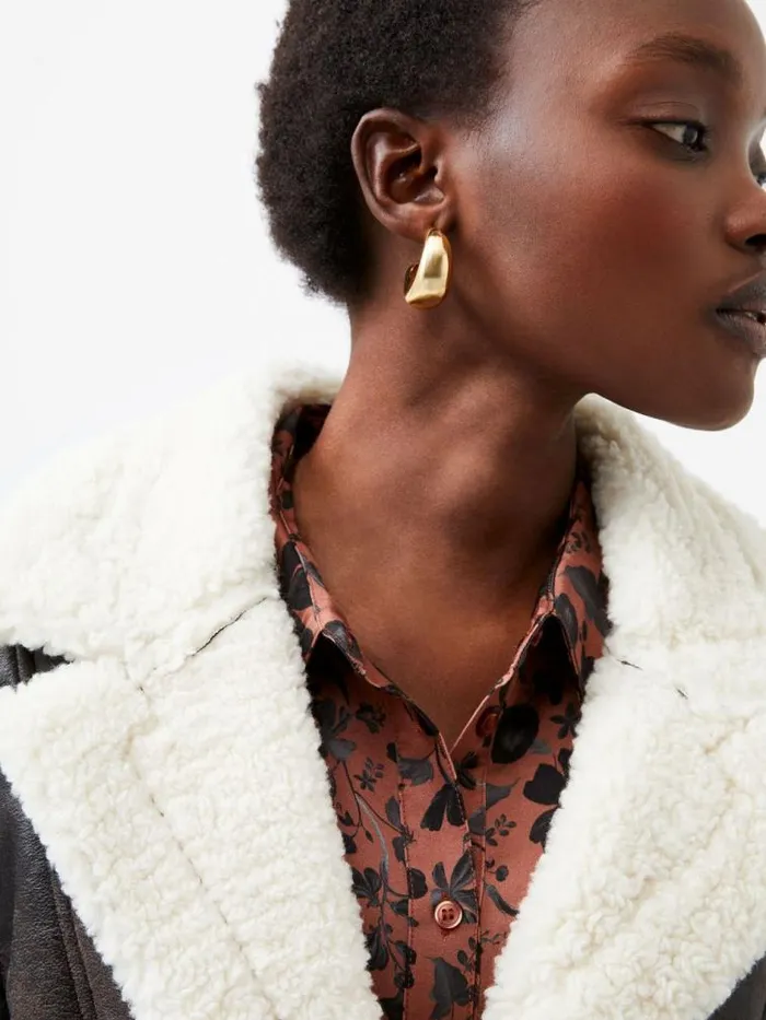 French Connection Arizona Faux Shearling Coat Chocolate Women Coats and Jackets