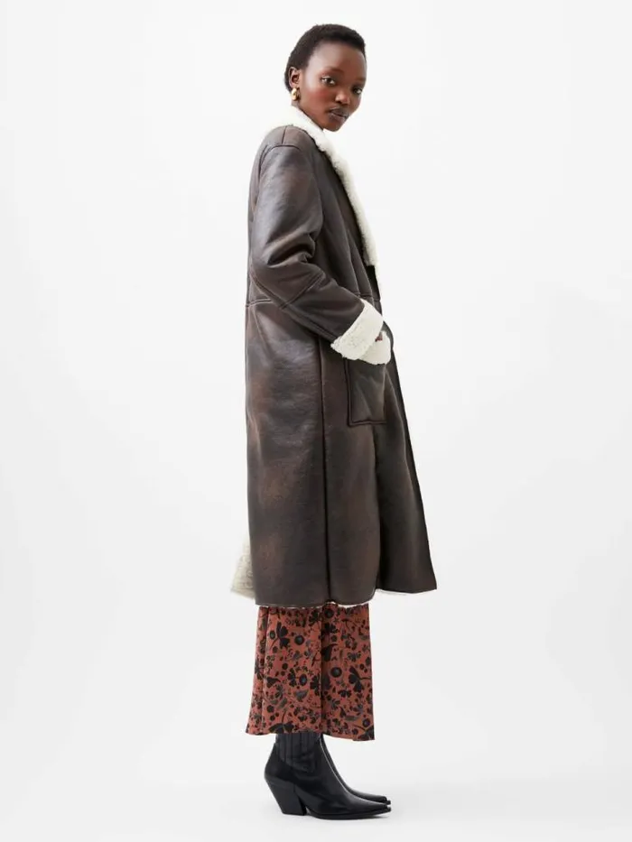 French Connection Arizona Faux Shearling Coat Chocolate Women Coats and Jackets