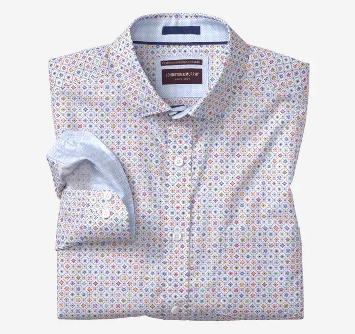 Johnston and Murphy Printed Cotton Shirt White Multi Flower Tile Men Shirts