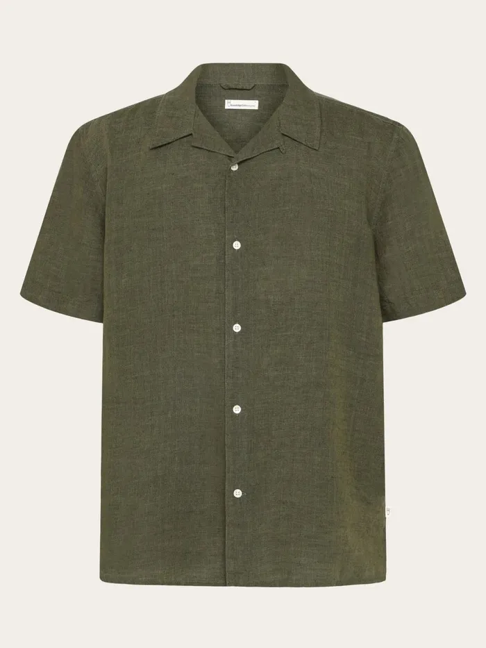 KnowledgeCotton Apparel Shirts Box Fit Short Sleeved Linen Shirt Burned Olive 8211 Men