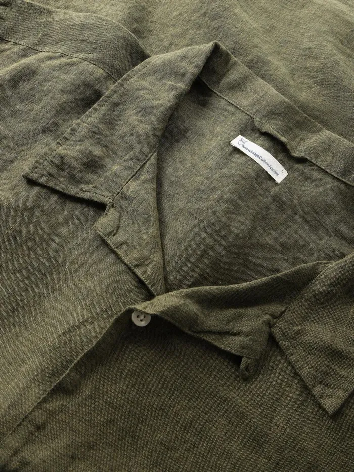 KnowledgeCotton Apparel Shirts Box Fit Short Sleeved Linen Shirt Burned Olive 8211 Men