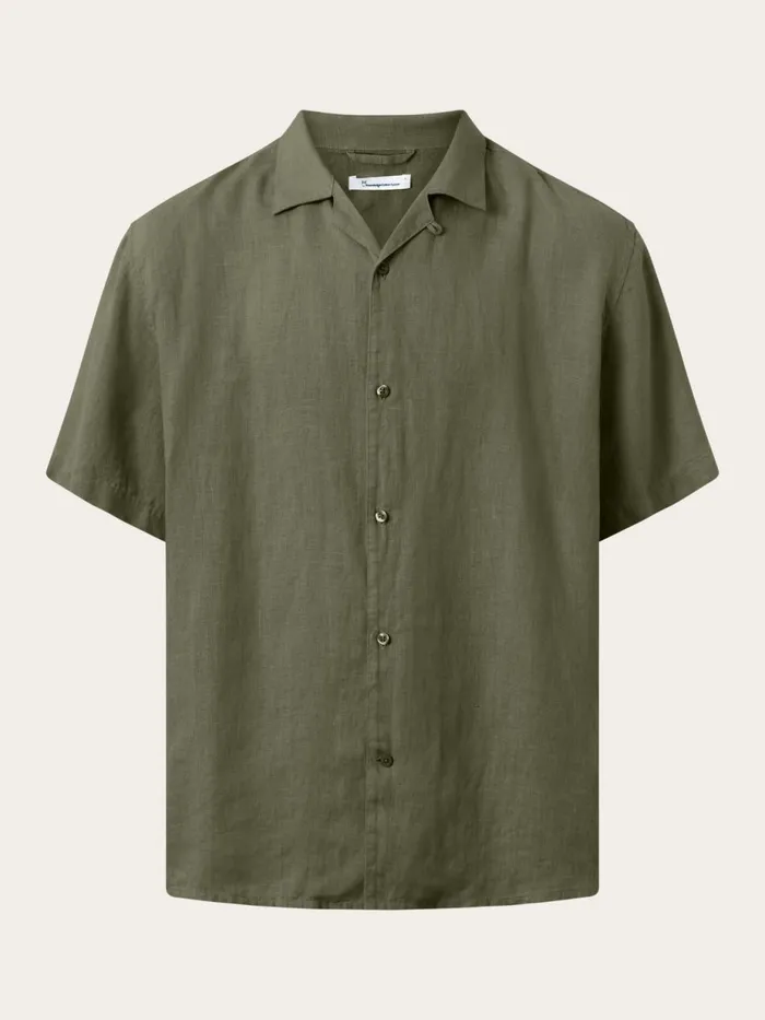 KnowledgeCotton Apparel Shirts Box Fit Short Sleeved Linen Shirt Burned Olive 8211 Men