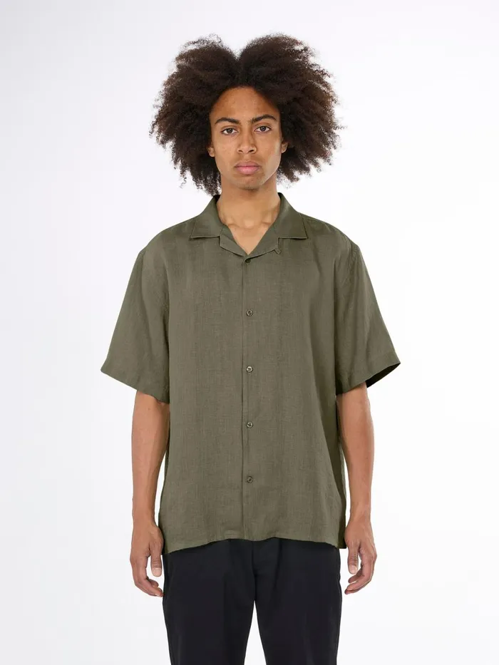 KnowledgeCotton Apparel Shirts Box Fit Short Sleeved Linen Shirt Burned Olive 8211 Men