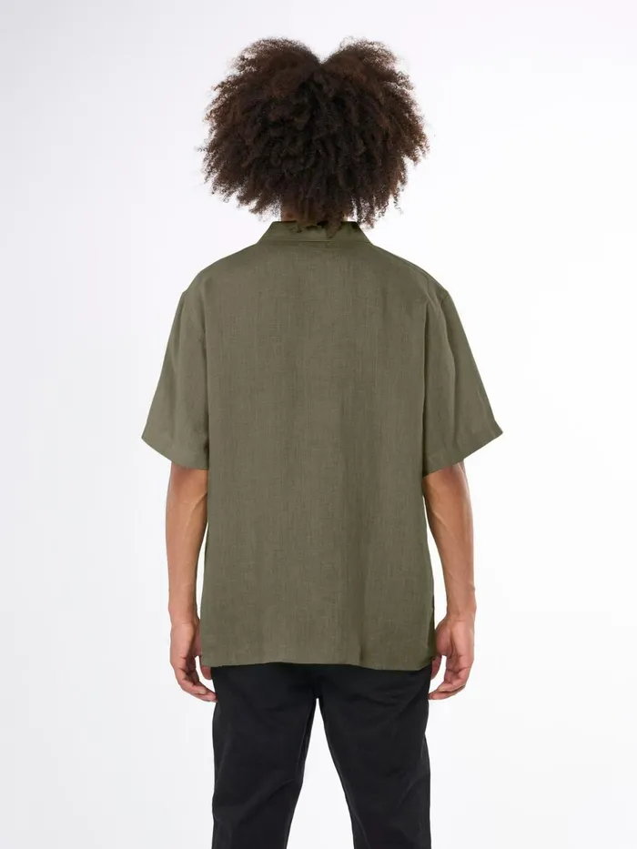 KnowledgeCotton Apparel Shirts Box Fit Short Sleeved Linen Shirt Burned Olive 8211 Men