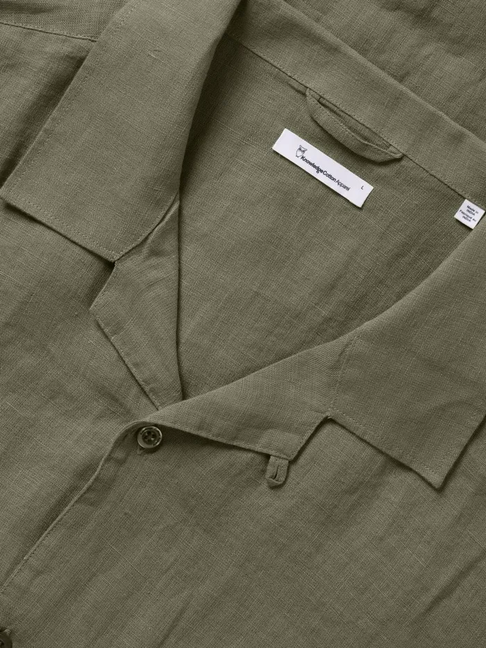 KnowledgeCotton Apparel Shirts Box Fit Short Sleeved Linen Shirt Burned Olive 8211 Men