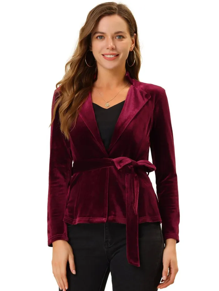 RWandCO Blazers Allegra K Velvet Belted Lapel Collar Blazer Jacket Wine Red 8211 Women