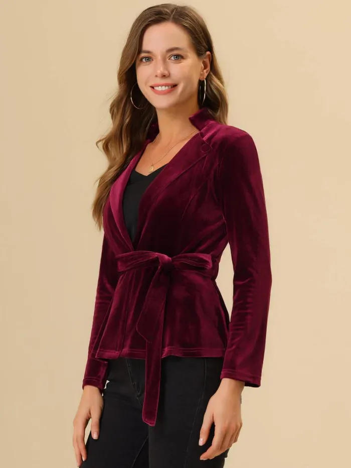 RWandCO Blazers Allegra K Velvet Belted Lapel Collar Blazer Jacket Wine Red 8211 Women RWandCO Blazers Allegra K Velvet Belted Lapel Collar Blazer Jacket Wine Red 8211 Women