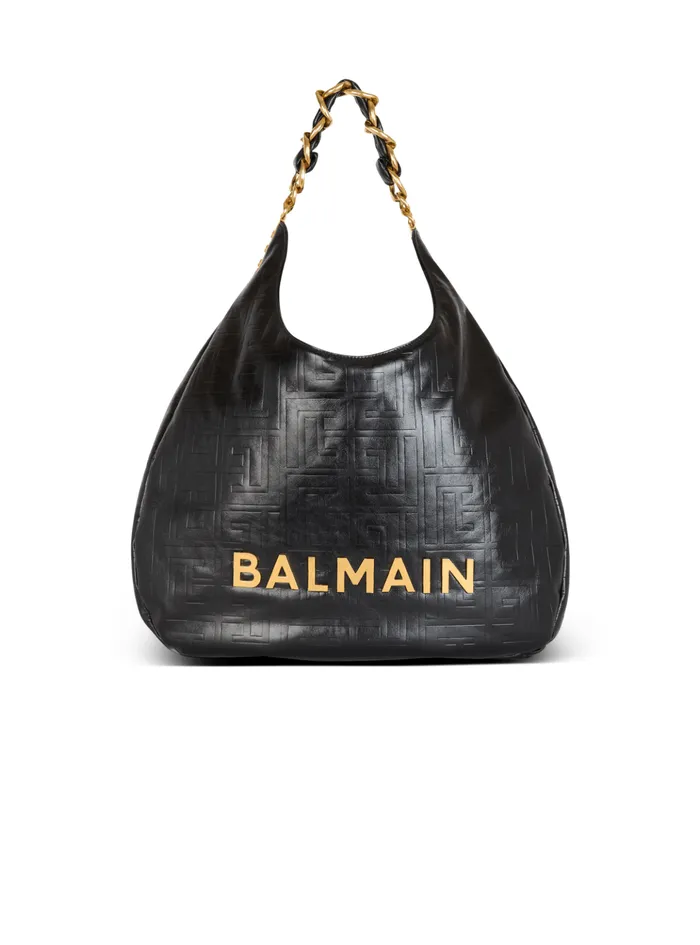 Women Shoulder Bags Balmain Large 1945 Soft Hobo Bag In Crinkled Calfskin Black