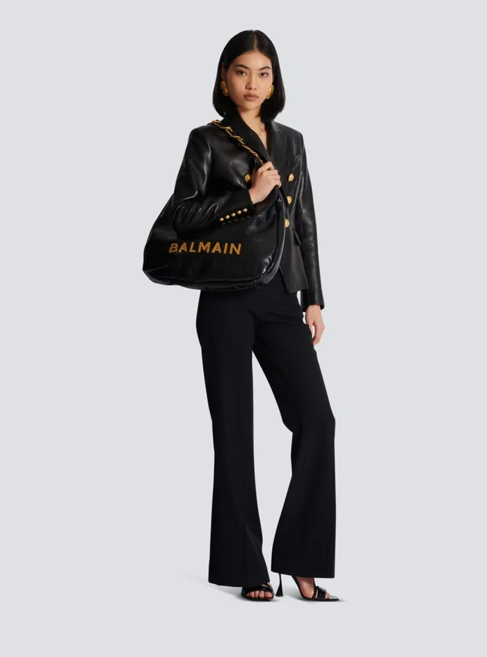 Women Shoulder Bags Balmain Large 1945 Soft Hobo Bag In Crinkled Calfskin Black