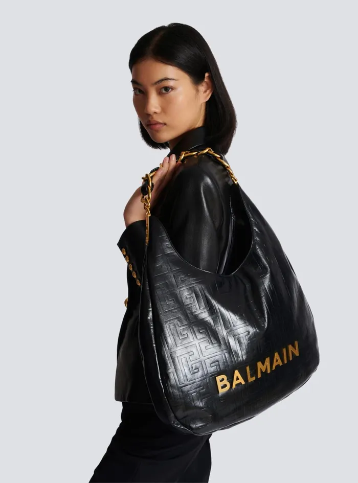 Women Shoulder Bags Balmain Large 1945 Soft Hobo Bag In Crinkled Calfskin Black