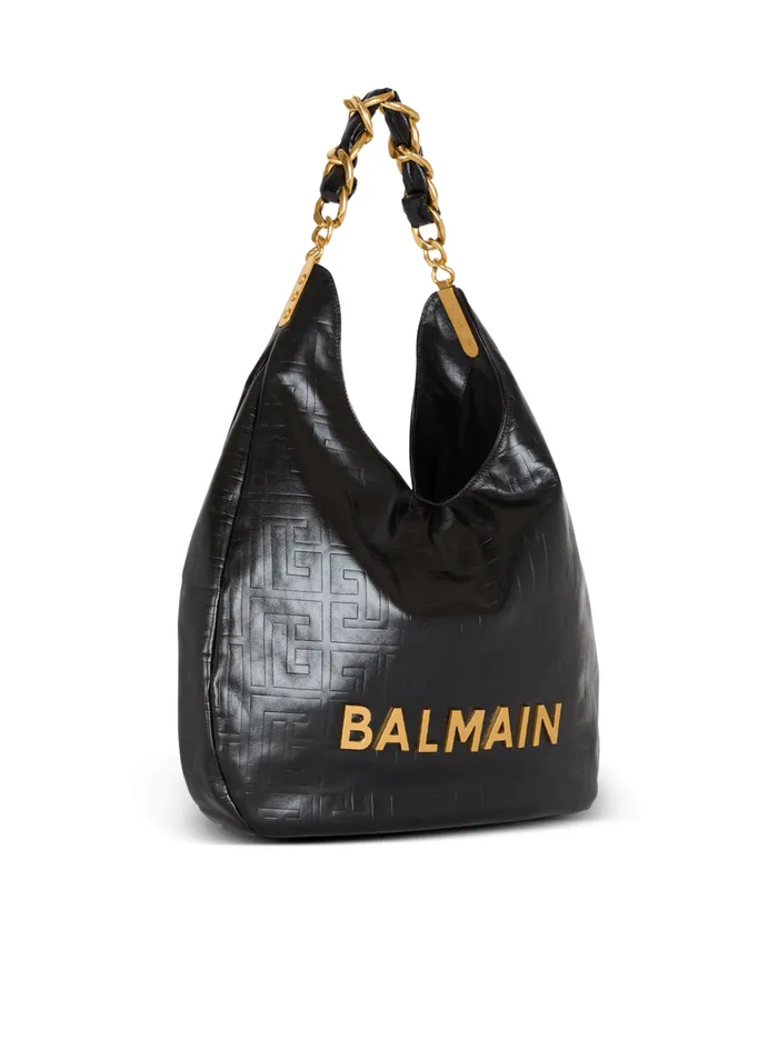 Women Shoulder Bags Balmain Large 1945 Soft Hobo Bag In Crinkled Calfskin Black