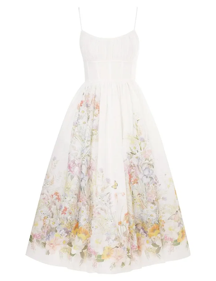 Zimmermann Clothing Natura Ruched Midi Dress Ivory Wild Flowers 8211 Women