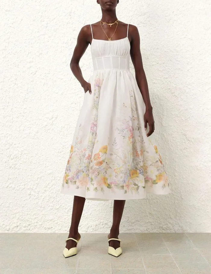 Zimmermann Clothing Natura Ruched Midi Dress Ivory Wild Flowers 8211 Women