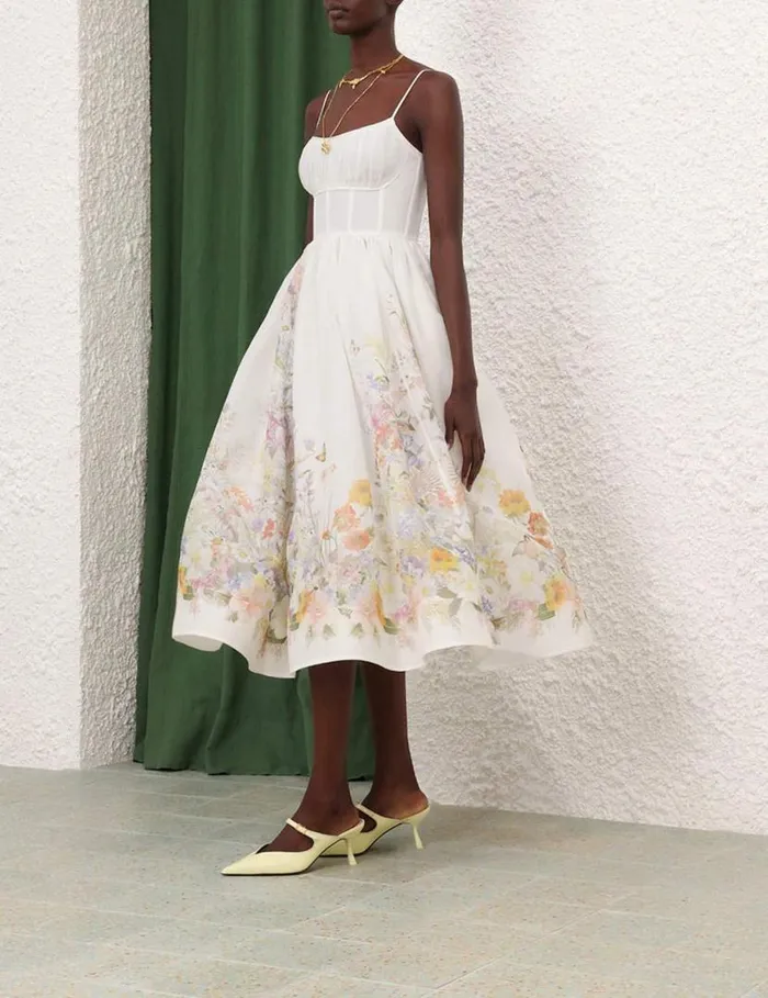 Zimmermann Clothing Natura Ruched Midi Dress Ivory Wild Flowers 8211 Women
