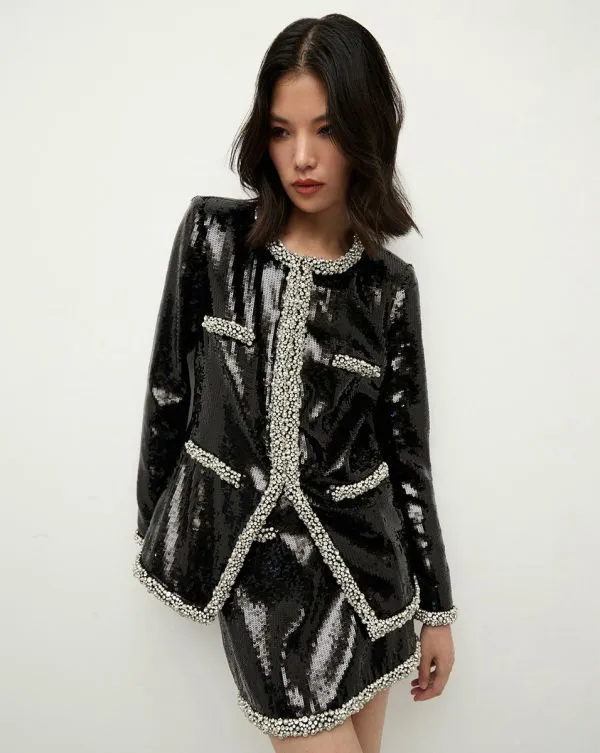 Alessia PearlTrim Sequin Jacket Black Women Veronica Beard Jackets and Outerwear Alessia PearlTrim Sequin Jacket Black Women Veronica Beard Jackets and Outerwear