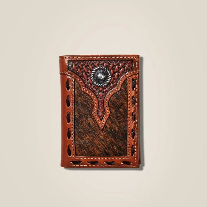 Bags and Wallets Men Ariat Trifold Wallet Basketweave Calf Hair Brown