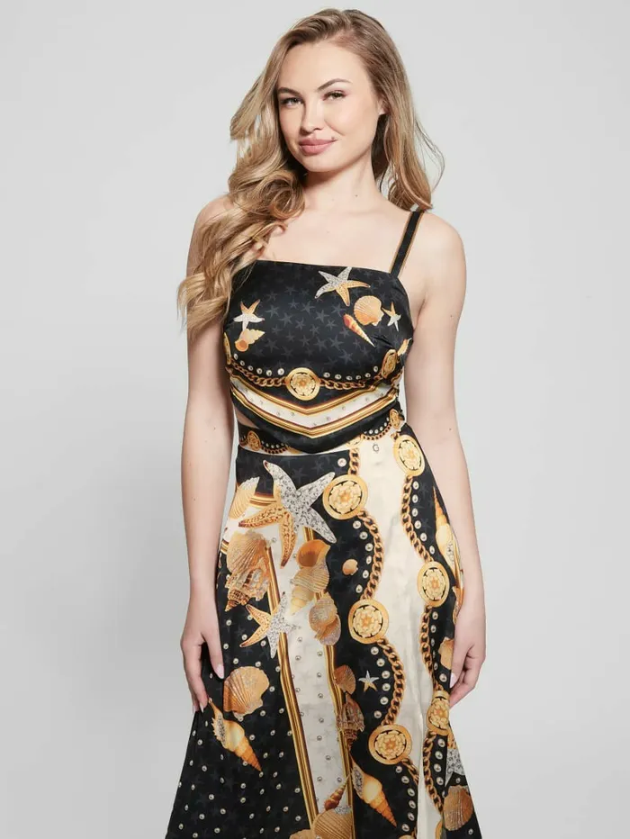 Bassma Satin Crop Scarf Top Black Shell Print Tops GUESS Women