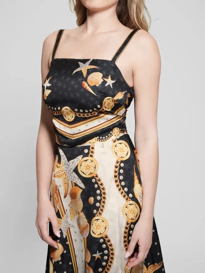 Bassma Satin Crop Scarf Top Black Shell Print Tops GUESS Women