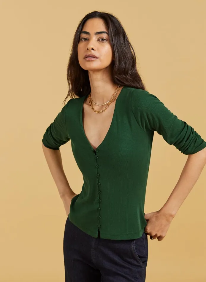 Baukjen Audrey Button Through VNeck Top Forest Green Clothing