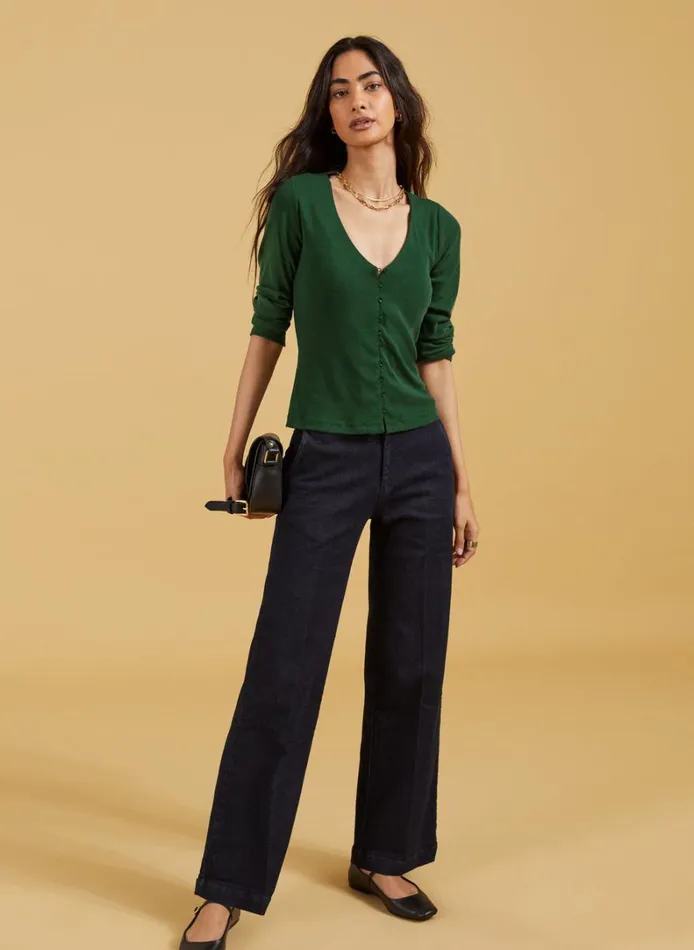 Baukjen Audrey Button Through VNeck Top Forest Green Clothing