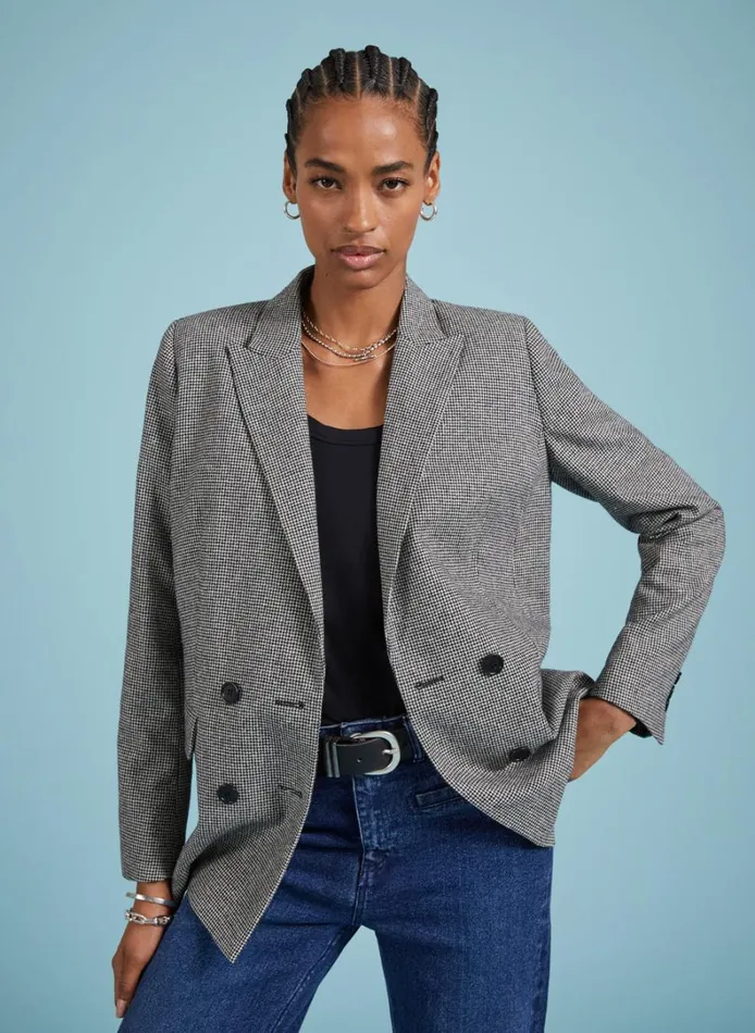 Baukjen Beatrix Recycled Wool Blend Blazer Black and White Houndstooth Clothing