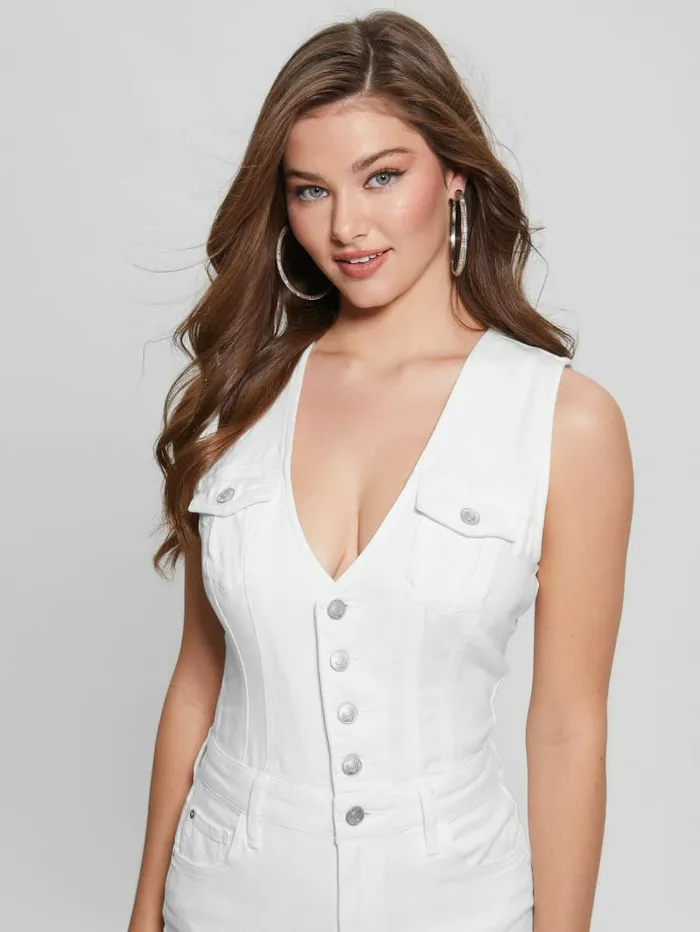 Bella Denim Romper Pure White Women Dresses and Jumpsuits GUESS Bella Denim Romper Pure White Women Dresses and Jumpsuits GUESS