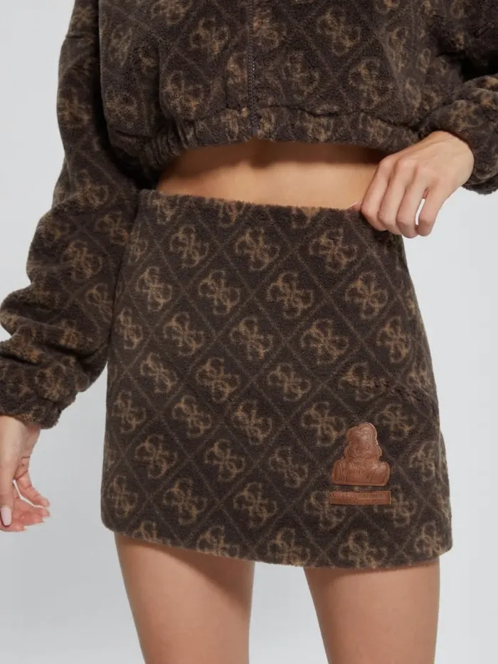 Bottoms Women Bunny Patch Sherpa Fleece Mini Skirt 4g Macro Dark Brown GUESS