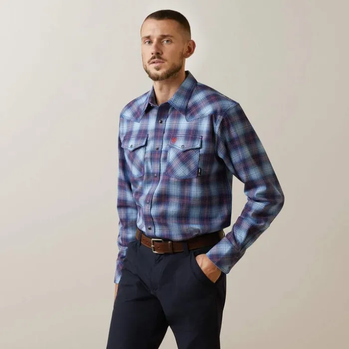 Button Down Shirts Men Ariat FR Dagger Retro Fit Snap Work Shirt Clear Sky Plaid Button Down Shirts Men Ariat FR Dagger Retro Fit Snap Work Shirt Clear Sky Plaid