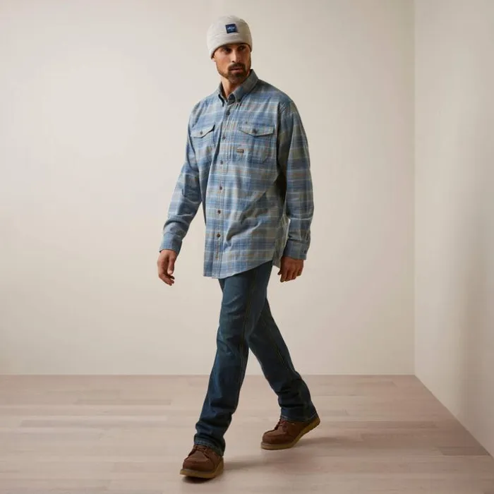 Button Down Shirts Men Ariat Rebar Flannel DuraStretch Work Shirt Indian Teal Plaid