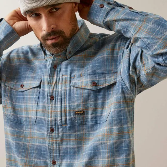 Button Down Shirts Men Ariat Rebar Flannel DuraStretch Work Shirt Indian Teal Plaid