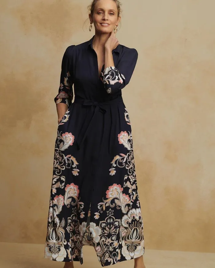 Chico039s Dresses Floral Maxi Shirt Dress Classic Navy 8211 Clothing