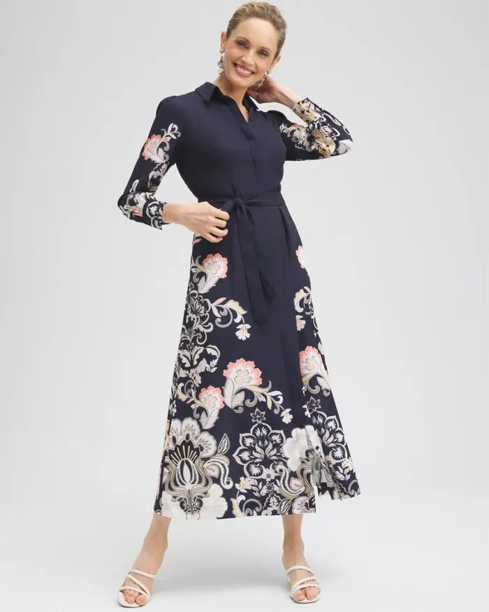 Chico039s Dresses Floral Maxi Shirt Dress Classic Navy 8211 Clothing