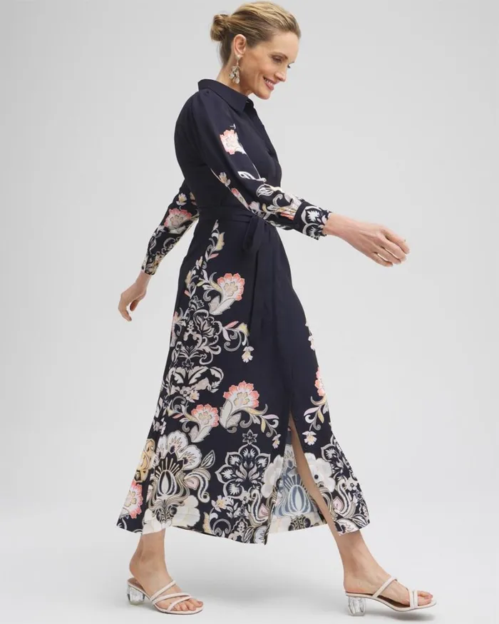 Chico039s Dresses Floral Maxi Shirt Dress Classic Navy 8211 Clothing