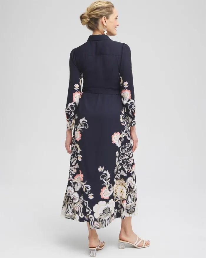 Chico039s Dresses Floral Maxi Shirt Dress Classic Navy 8211 Clothing