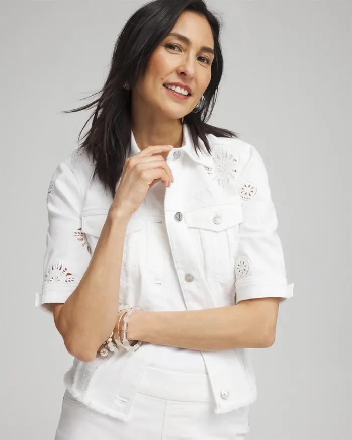 Chico039s Matching Sets Short Sleeve Eyelet Denim Jacket Alabaster 8211 Clothing Chico039s Matching Sets Short Sleeve Eyelet Denim Jacket Alabaster 8211 Clothing