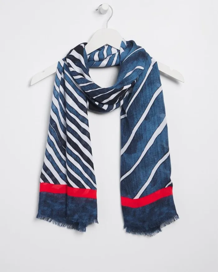Chico039s Scarves Silk Blend Stripe Oblong Scarf Classic Navy 8211 Shoes and Accessories