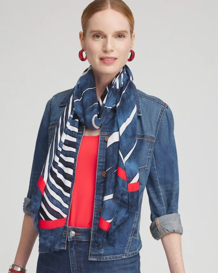Chico039s Scarves Silk Blend Stripe Oblong Scarf Classic Navy 8211 Shoes and Accessories
