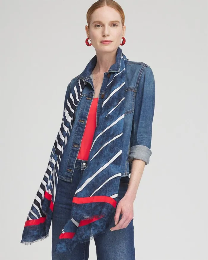 Chico039s Scarves Silk Blend Stripe Oblong Scarf Classic Navy 8211 Shoes and Accessories