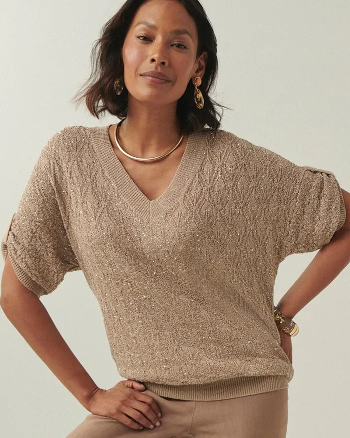 Chico039s Sweaters Mini Sequin Stitch Pullover Sweater Neutral 8211 Clothing