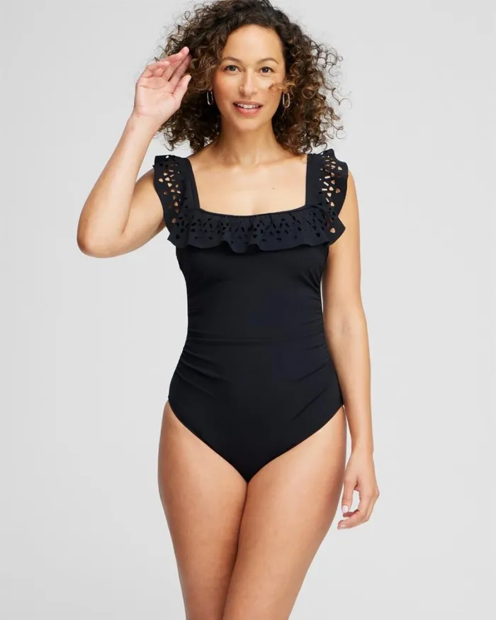 Chico039s Swim Gottex Ruffle Square Neck One Piece Black 8211 Clothing