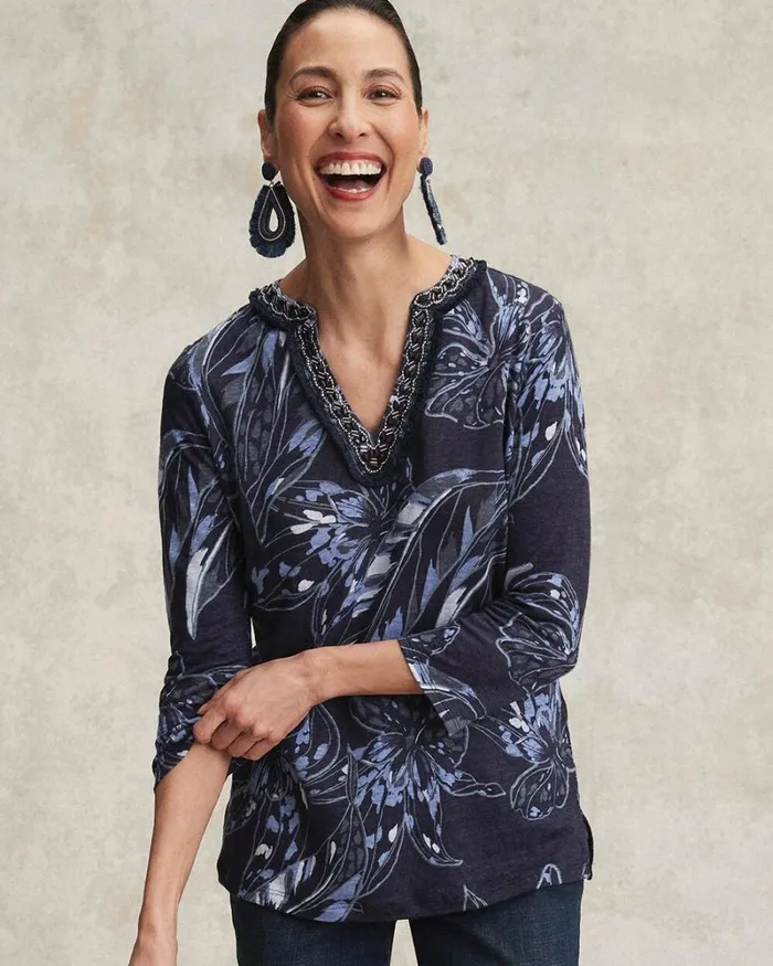 Chico039s Tees Linen Floral Embellished Tunic Classic Navy 8211 Clothing