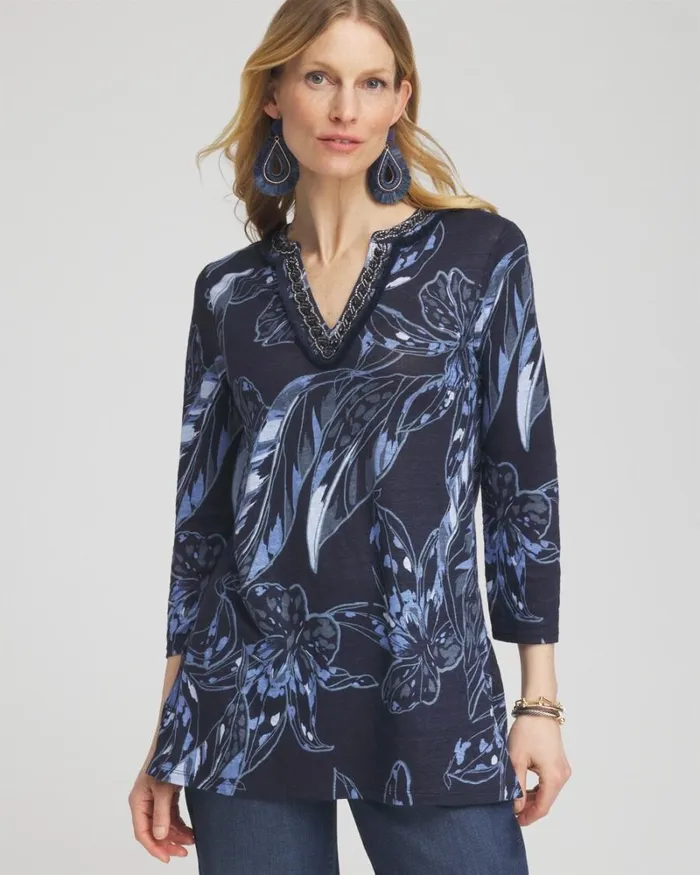 Chico039s Tees Linen Floral Embellished Tunic Classic Navy 8211 Clothing