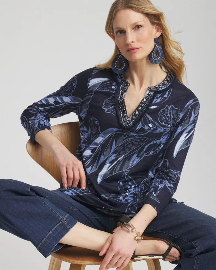 Chico039s Tees Linen Floral Embellished Tunic Classic Navy 8211 Clothing