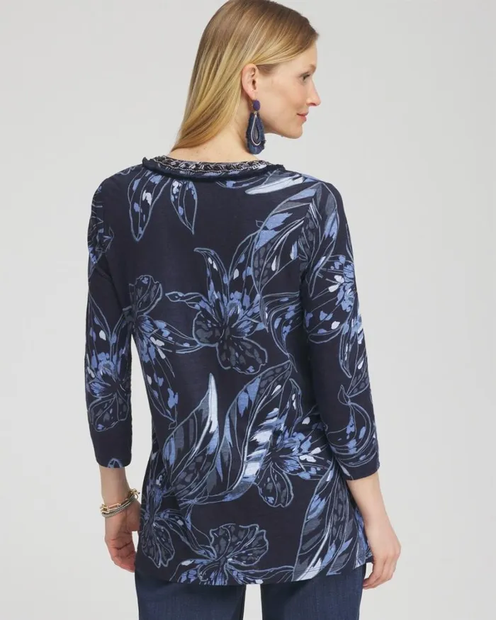 Chico039s Tees Linen Floral Embellished Tunic Classic Navy 8211 Clothing