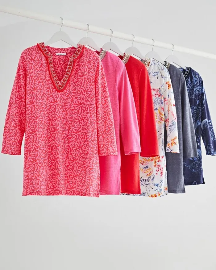 Chico039s Tees Linen Floral Embellished Tunic Classic Navy 8211 Clothing