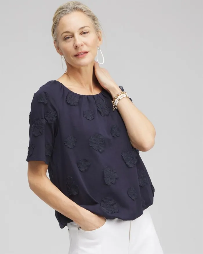 Chico039s Tops 3D Applique Bubble Hem Top Classic Navy 8211 Clothing